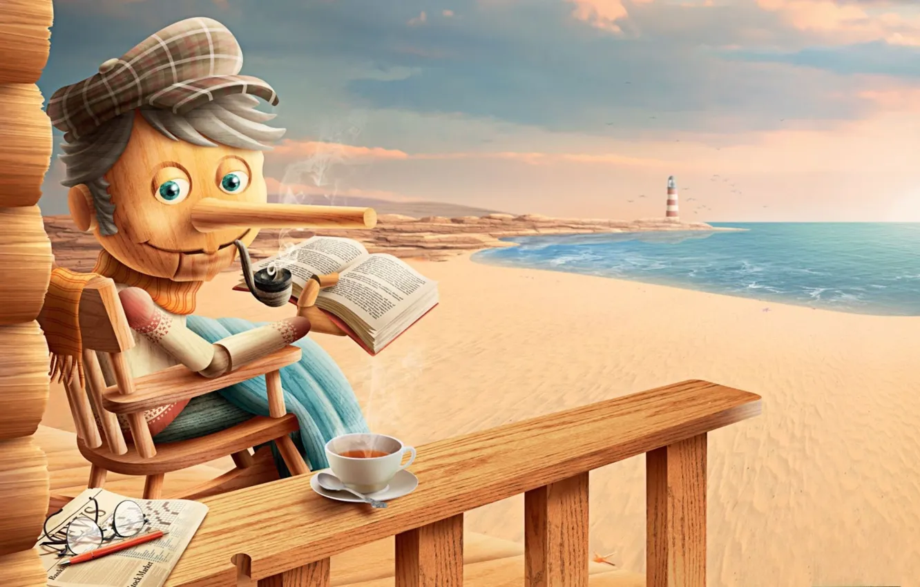 Фото обои море, счастье, отдых, чай, берег, маяк, шарфик, Пиноккио