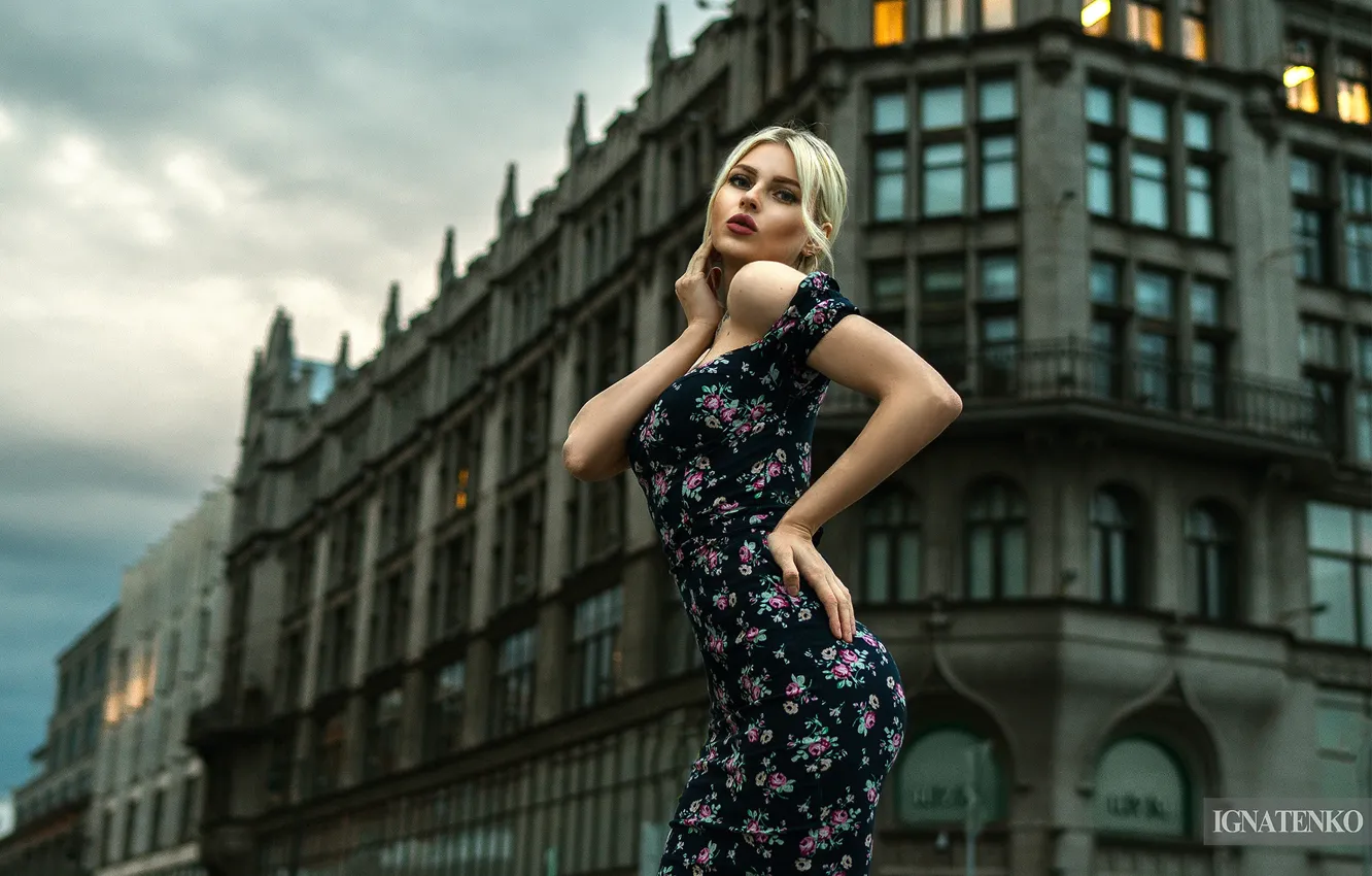 Фото обои поза, дом, фон, модель, портрет, макияж, фигура, платье