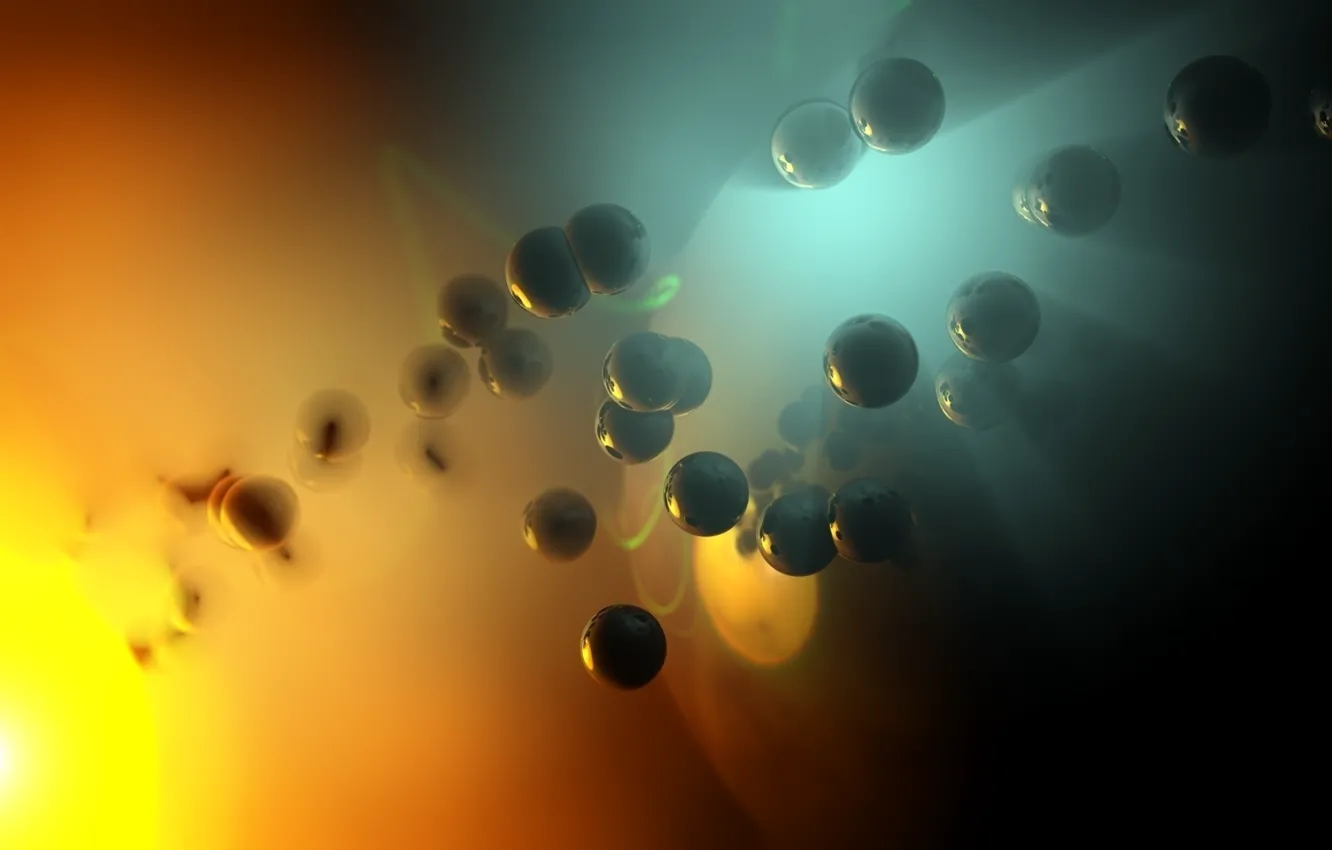 Фото обои шарики, свет, туман, планета, орбита, полумрак, атом