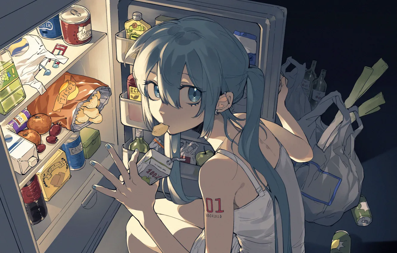 Фото обои девушка, еда, холодильник, Hatsune Miku, Vocaloid, ночной перекус