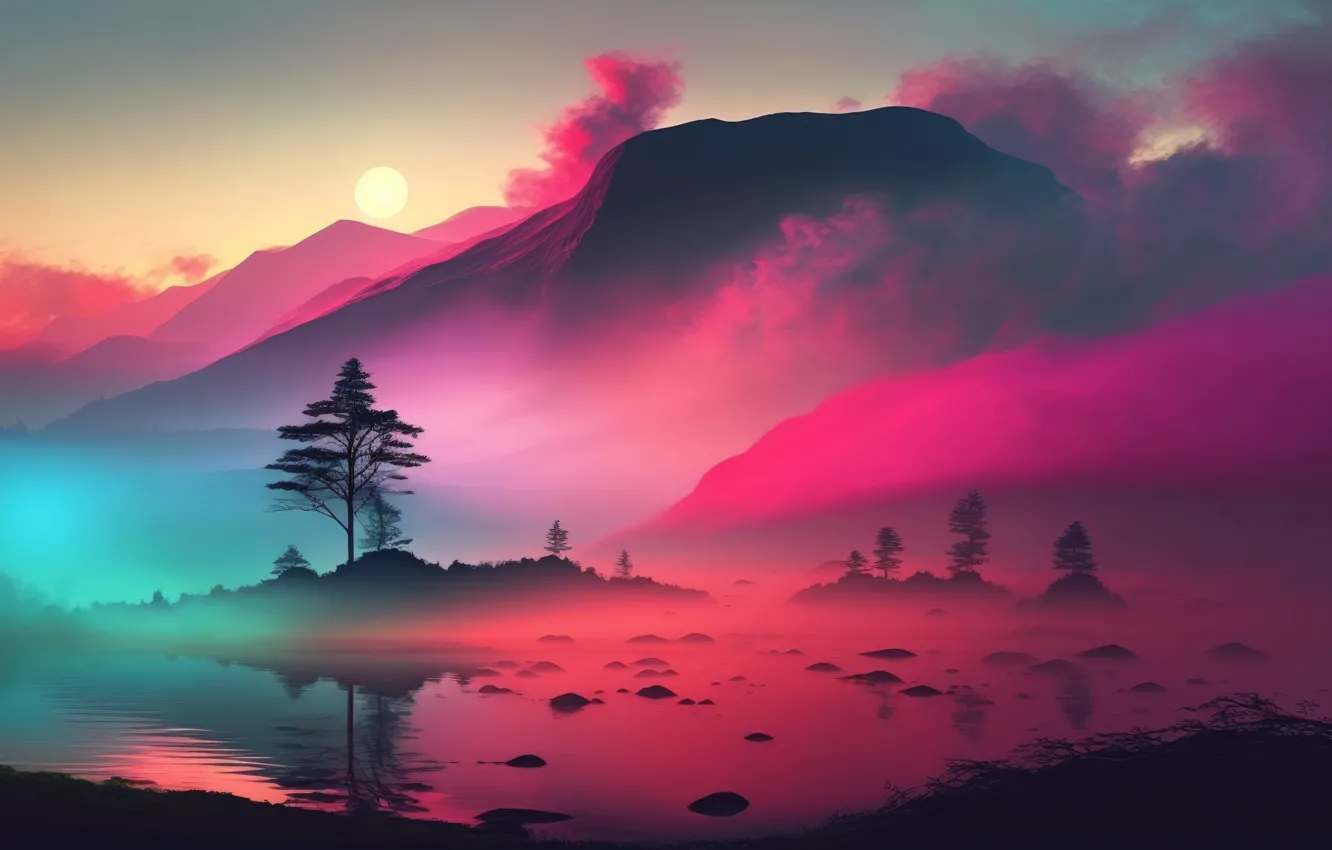 Фото обои пейзаж, горы, туман, озеро, восход, утро, landscape, mountains