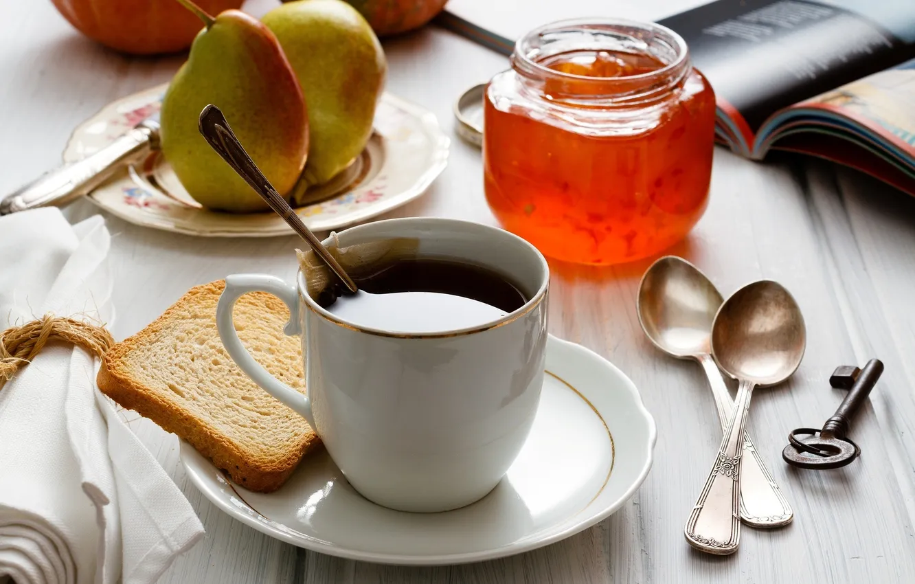 Фото обои чай, завтрак, ключ, чашка, книга, фрукты, груши, салфетка