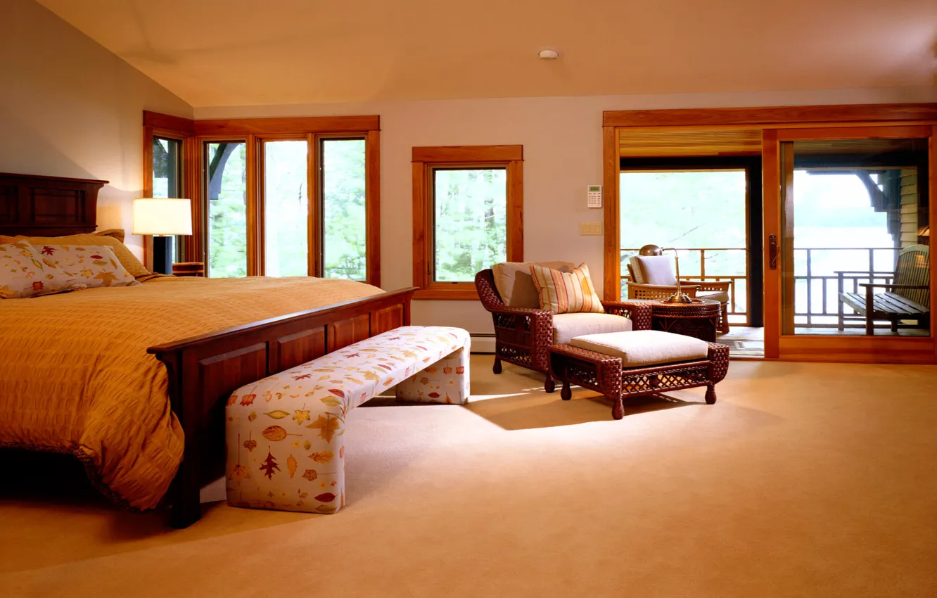 Фото обои желтый, дизайн, стиль, комната, окна, лампа, кровать, интерьер