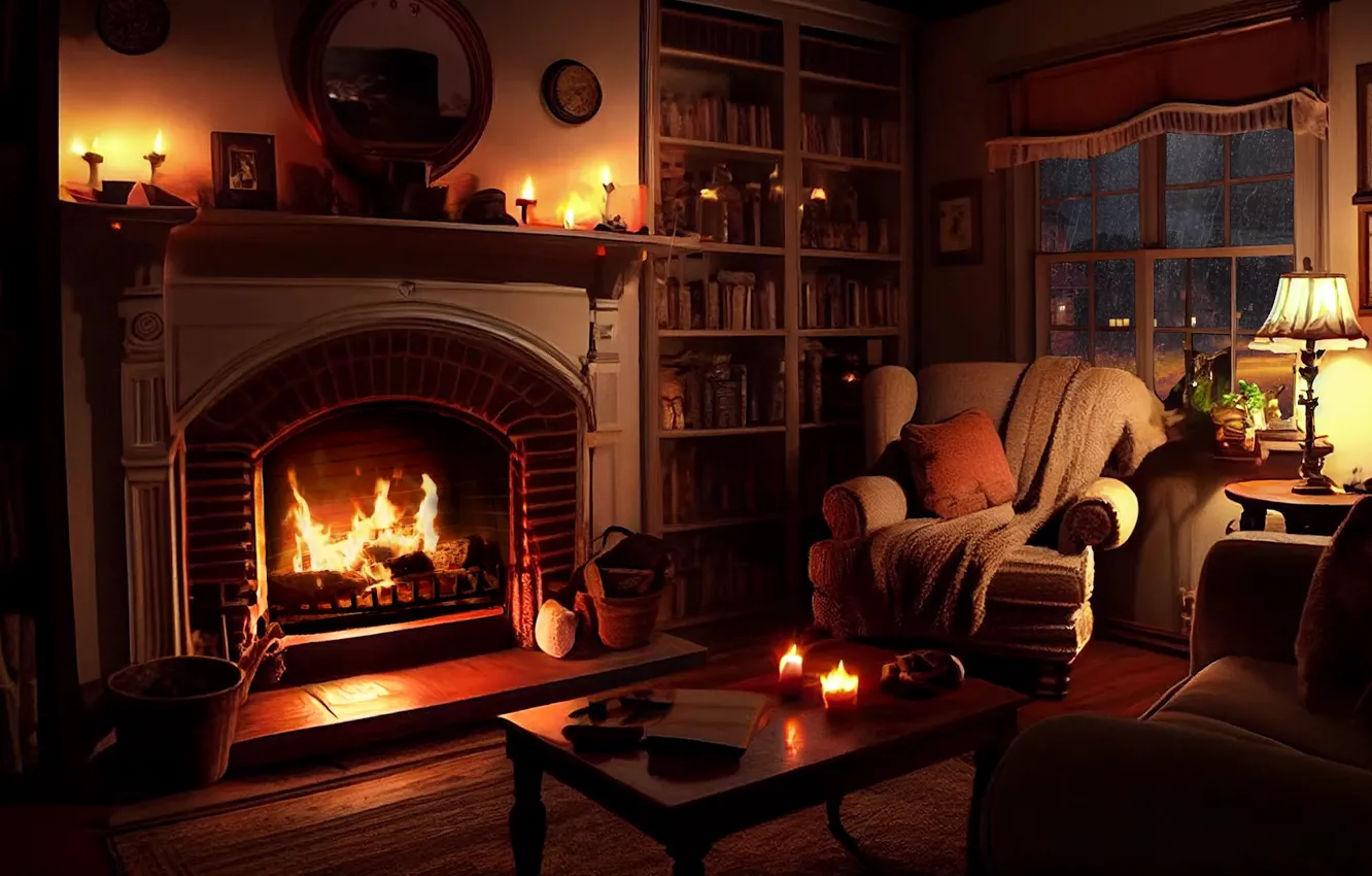 Фото обои lights, relax, fire, rain, night, home, sofa, candles