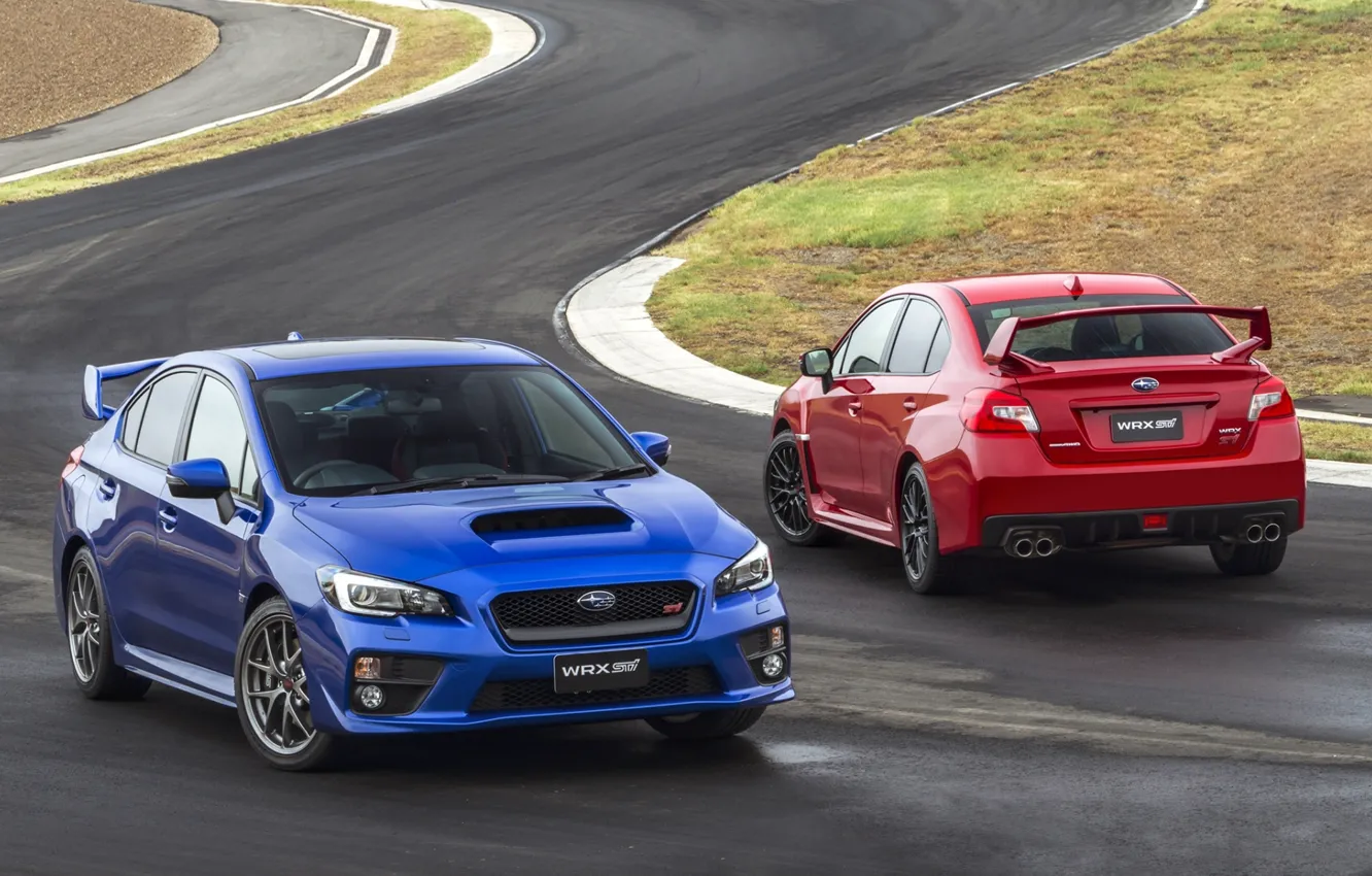 Фото обои синий, красный, фон, Subaru, Impreza, WRX, вид сзади, STI