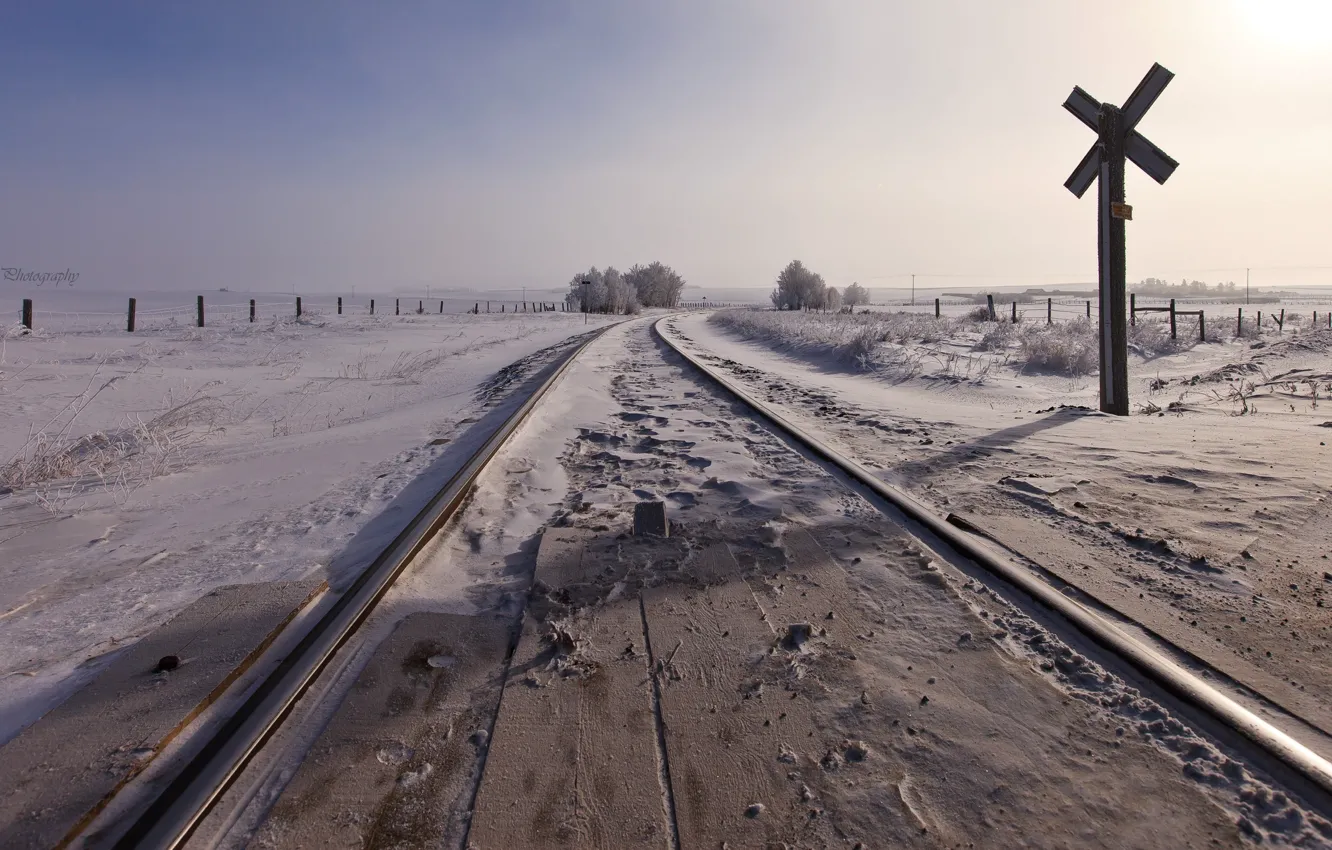 Фото обои снег, пейзаж, железная дорога