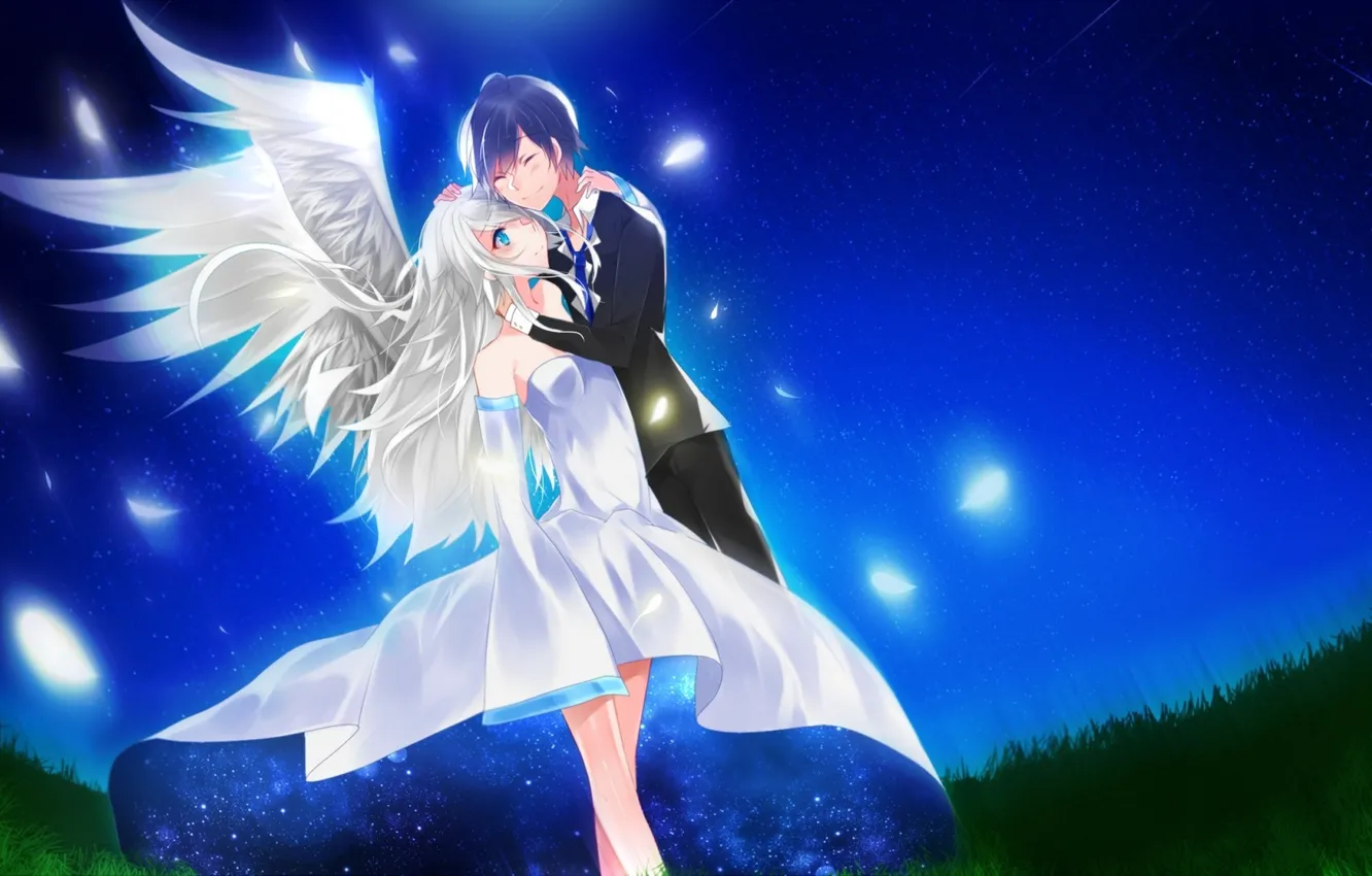 Фото обои небо, девушка, звезды, ночь, крылья, аниме, перья, арт