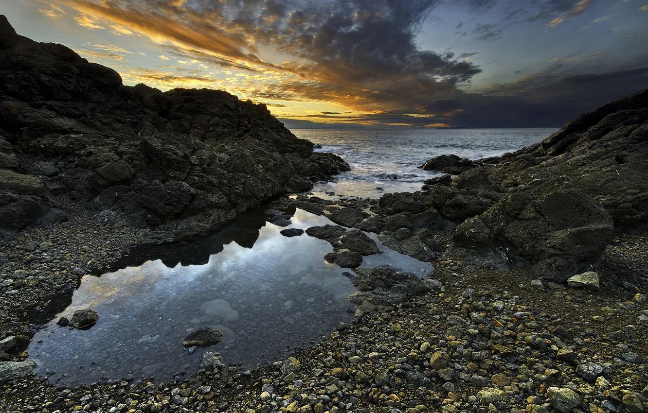 Фото обои море, камни, рассвет, залив