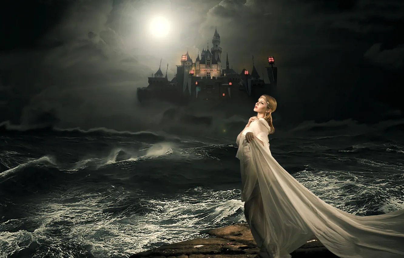 Фото обои море, девушка, ночь, замок, сказка