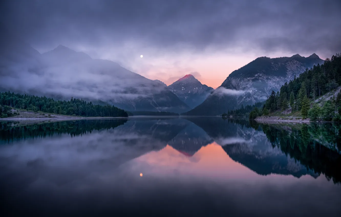 Фото обои лес, пейзаж, горы, водоем