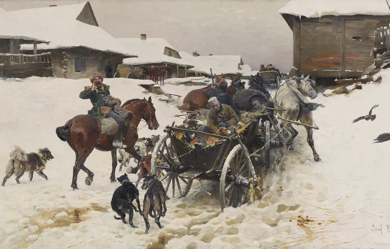Фото обои oil on canvas, польский художник-реалист, Polish painter, Trip to the hunt, Юзеф фон Брандт, Jozef …