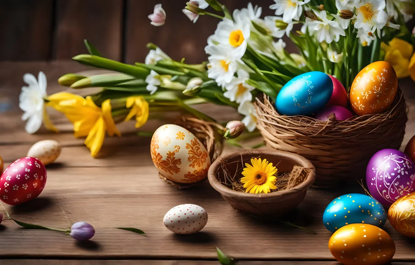 Фото обои цветы, яйца, весна, colorful, Пасха, happy, flowers, spring
