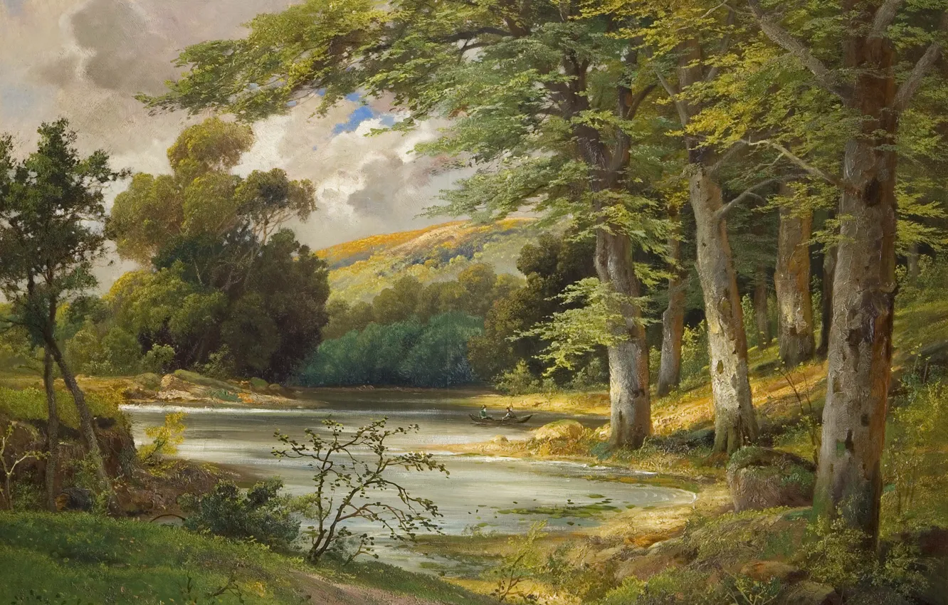 Фото обои лес, пейзаж, озеро, лодка, живопись, Alois Arnegger, Romantic Forest Landscape