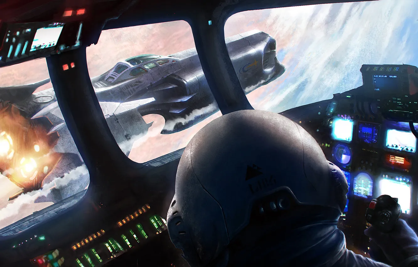 Фото обои космос, самолет, корабль, панель, шлем, кабина, пилот, сопла