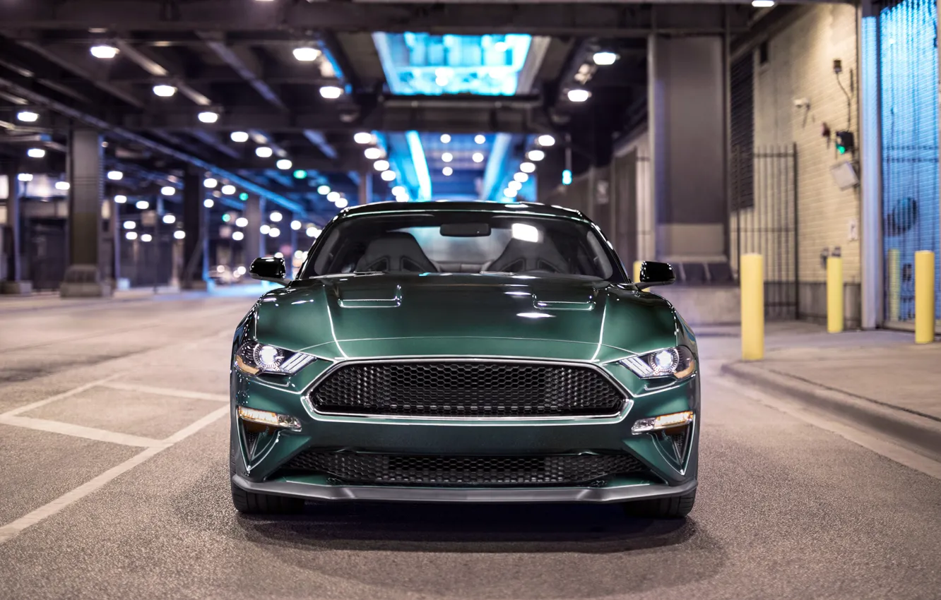 Фото обои Mustang, Ford, вид спереди, 2018, Bullitt