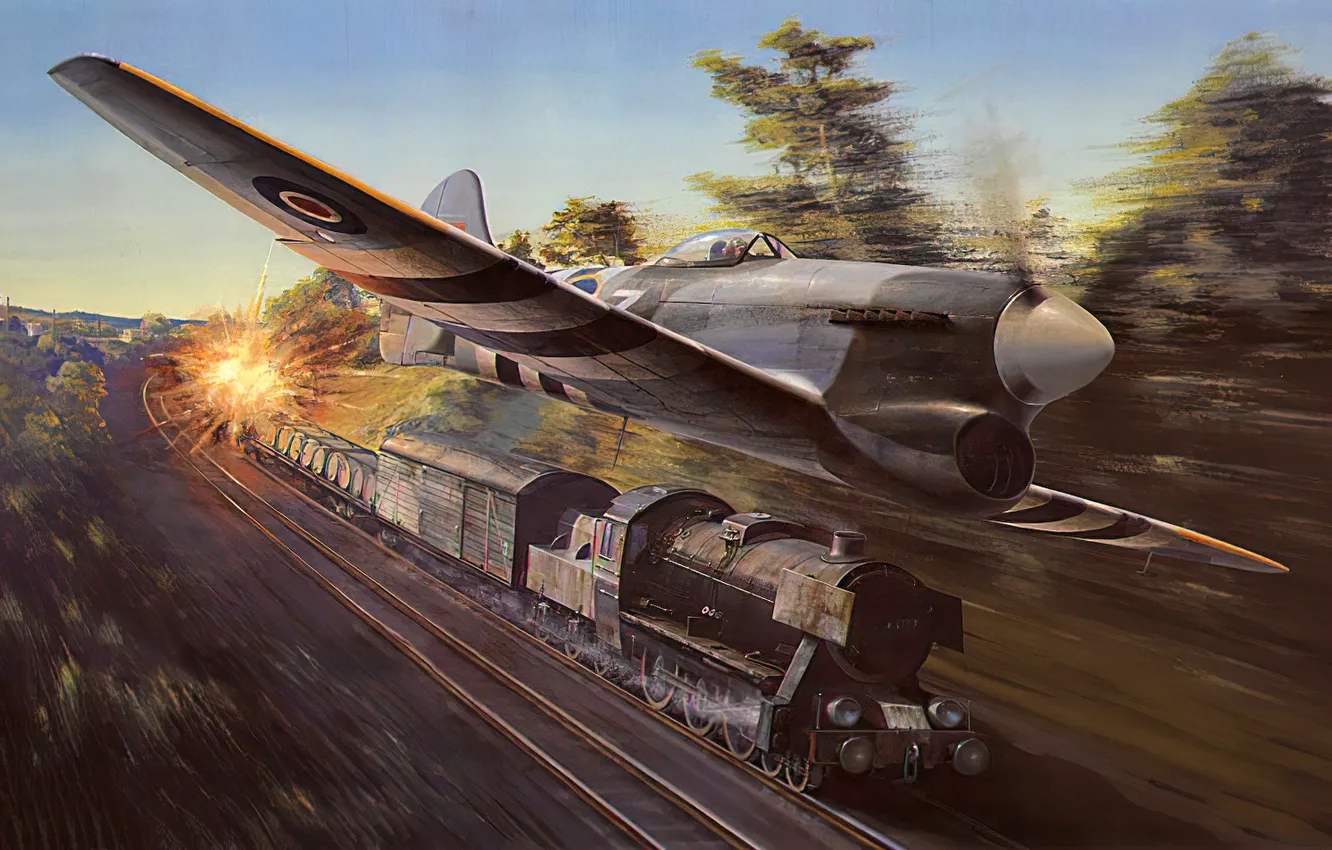 Фото обои war, art, airplane, aviation, ww2, hawker tempest