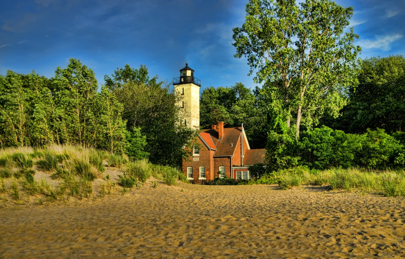 Фото обои природа, фото, маяк, США, Pennsylvania, Presque Isle