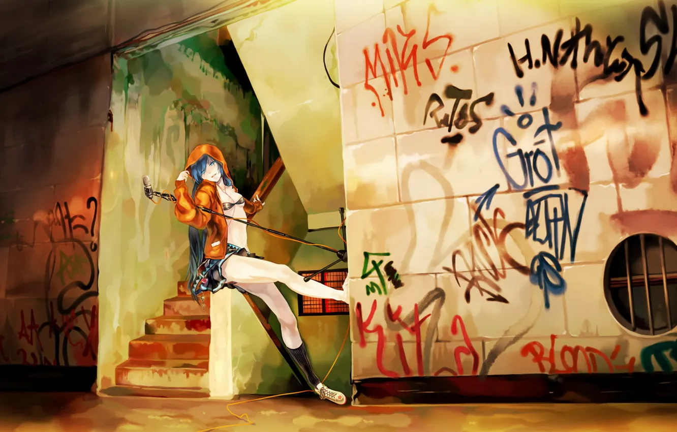 Фото обои музыка, стена, граффити, аниме, микрофон, вокалоид, мику