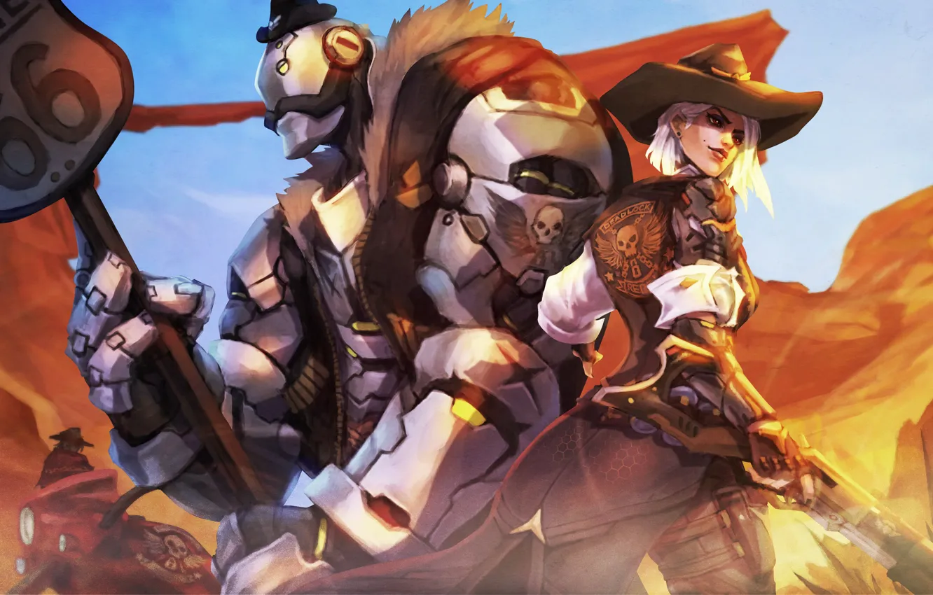 Фото обои девушка, робот, шляпа, арт, ружье, ashe, Bob, overwatch