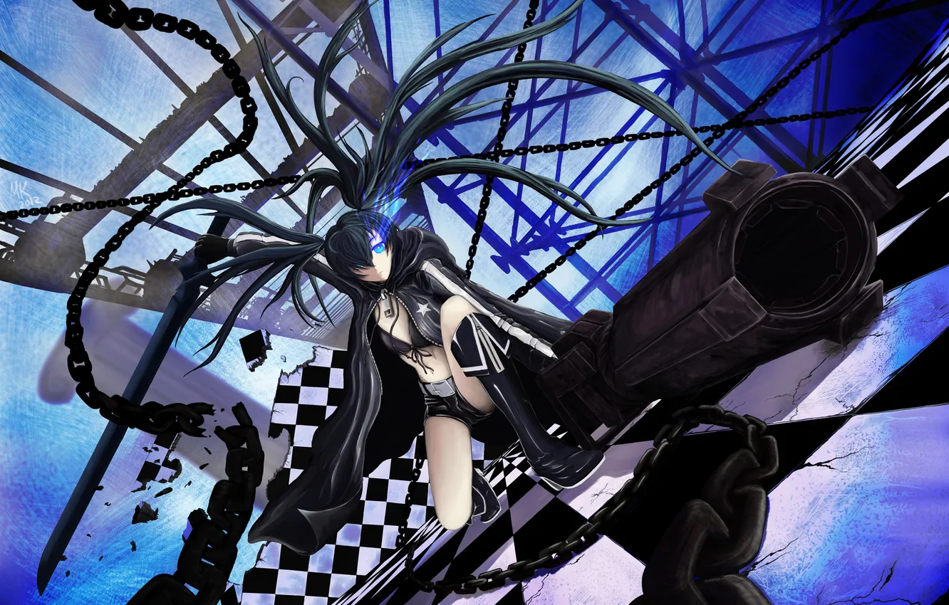 Фото обои абстракция, оружие, арт, дуло, цепь, девочка, black rock shooter, kuroi mato