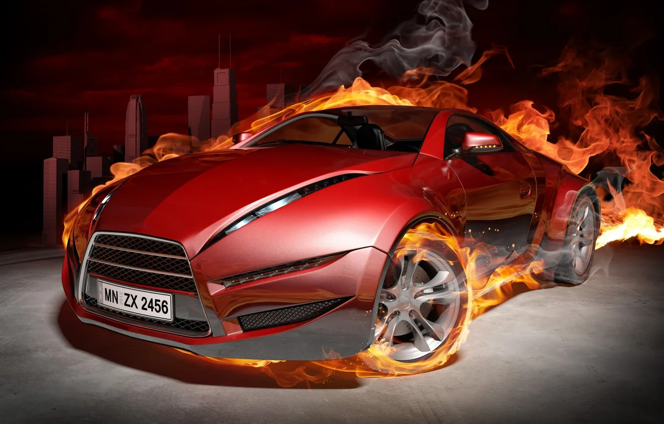 Фото обои авто, город, огонь, пламя, обои, графика, Машина, wallpaper