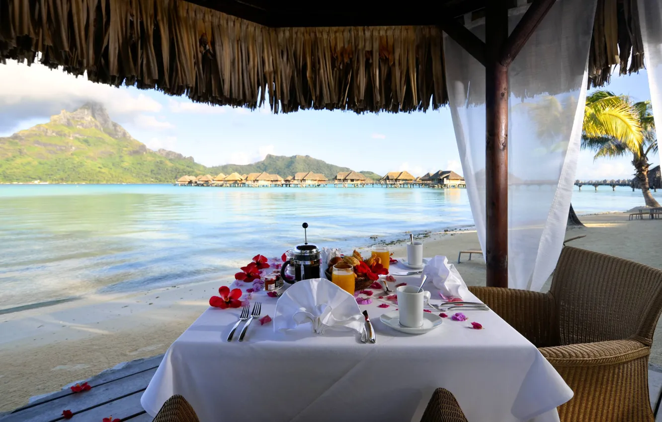 Фото обои beach, Bora-Bora, breakfast, table, resort, lagoon