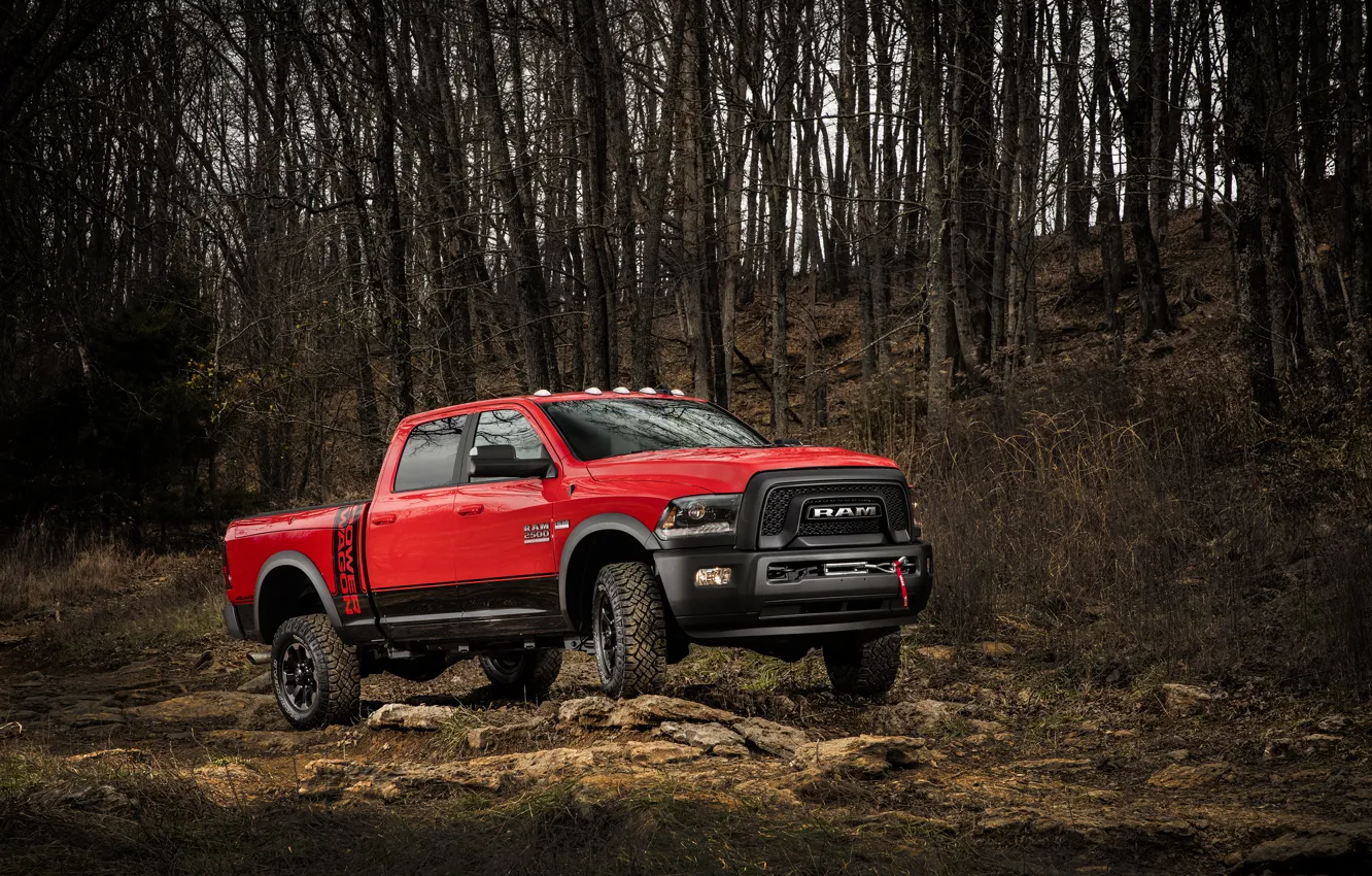 Фото обои лес, красный, камни, внедорожник, Dodge, пикап, Ram, 2500