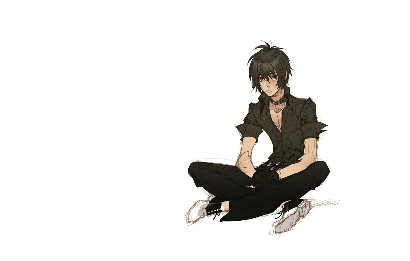 Фото обои ботинки, белый фон, перчатки, парень, сидит, лохматый, чёрная рубашка, чокер