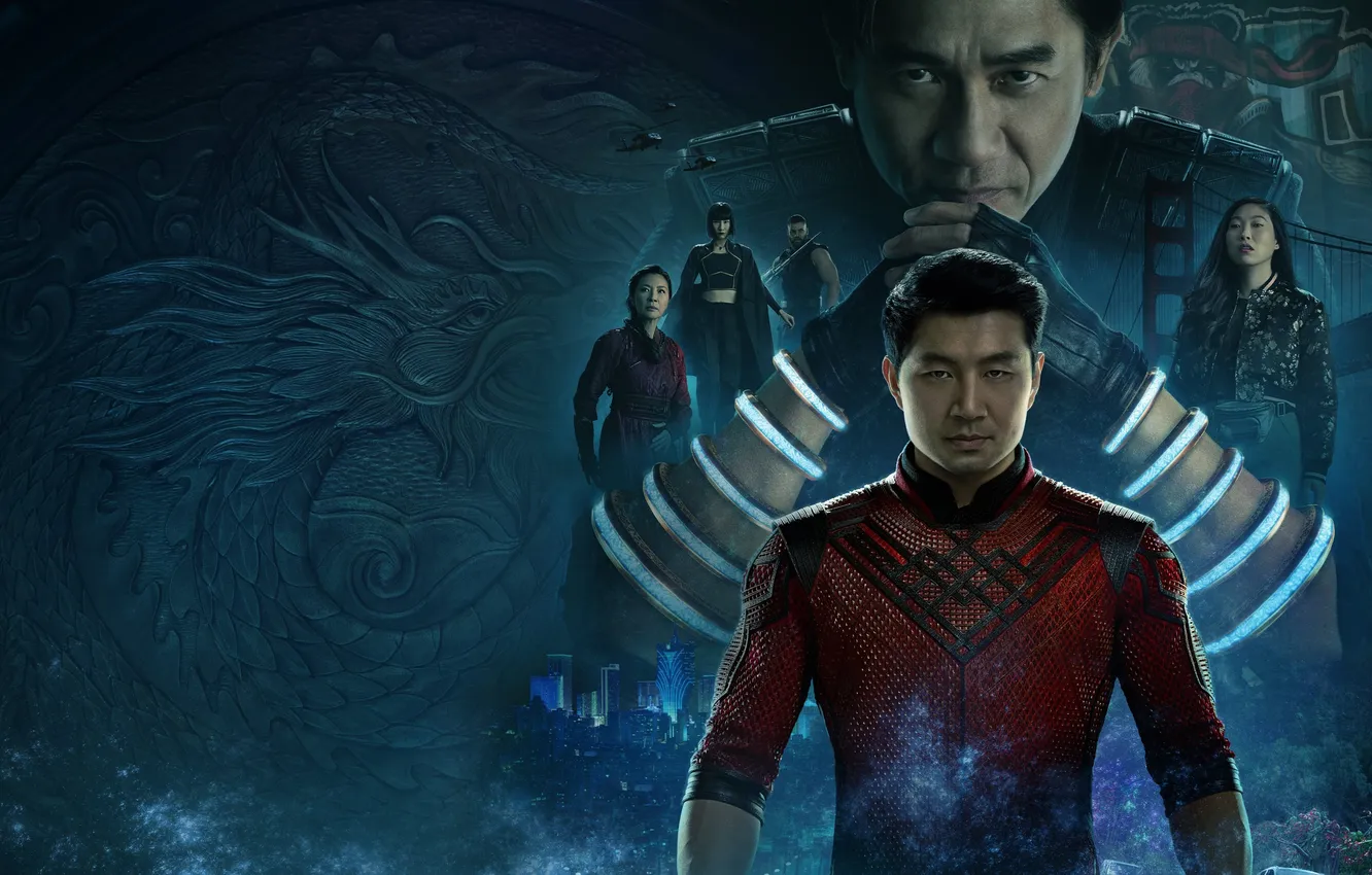 Фото обои постер, комикс, MARVEL, Мишель Йео, Michelle Yeoh, Simu Liu, Awkwafina, Шан-Чи и легенда десяти колец