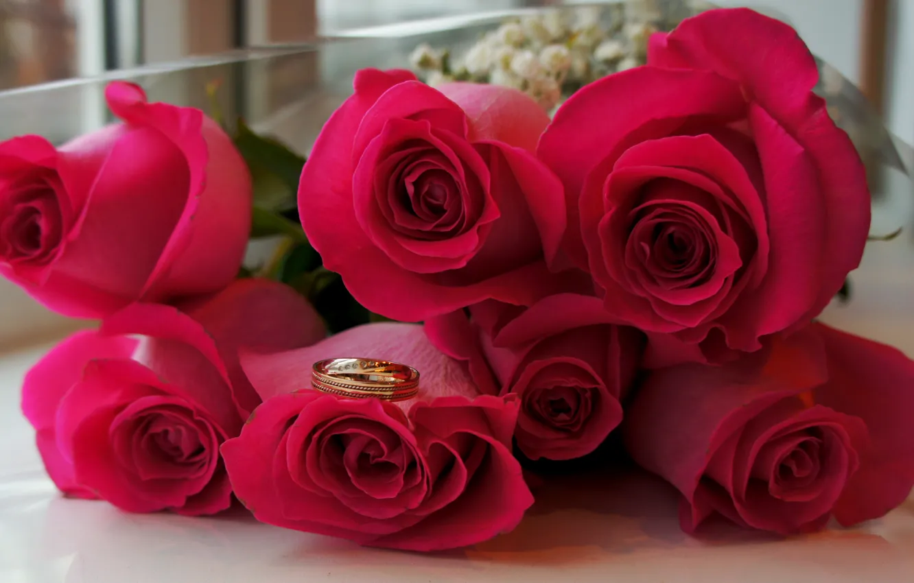 Фото обои цветы, розы, букет, кольца, свадьба