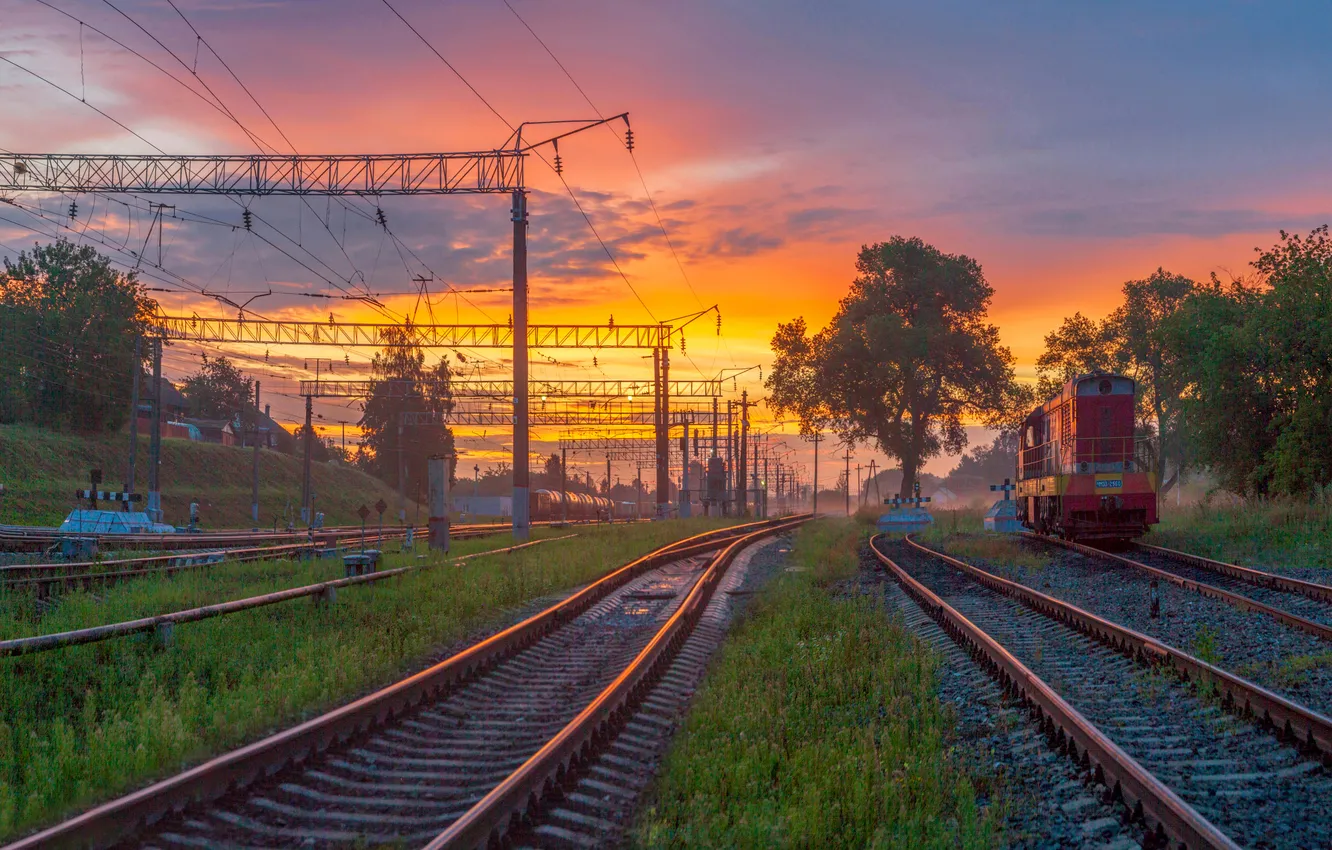 Фото обои colors, sunset, train tracks
