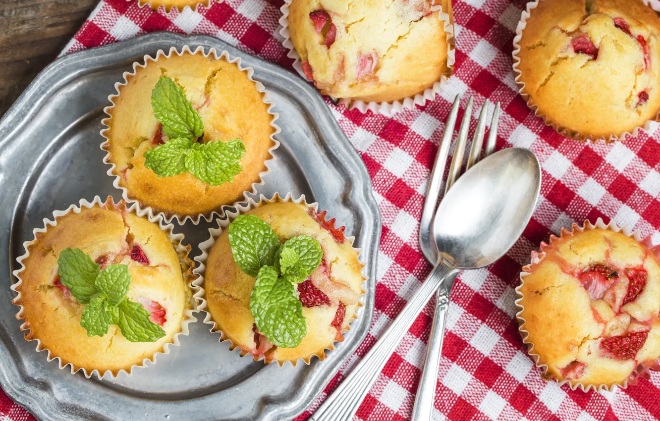 Фото обои клубника, мята, выпечка, strawberry, cupcake, кексы, muffin