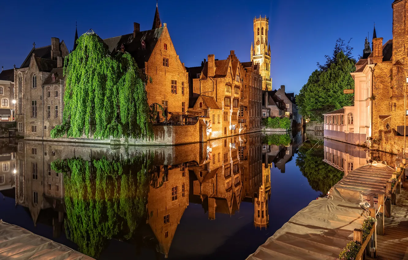 Фото обои вечер, фонари, Бельгия, Belgium, Брюгге