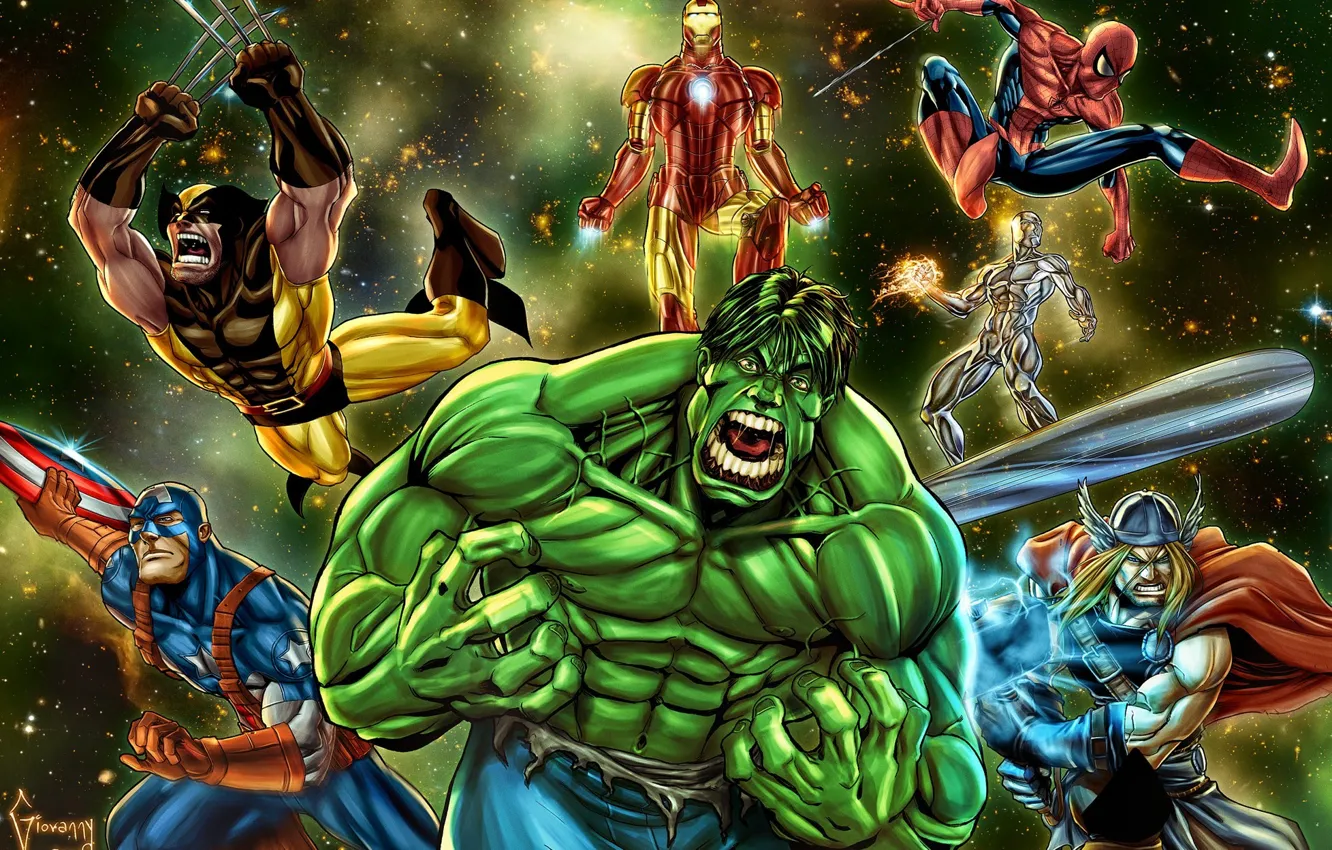 Фото обои Wolverine, captain america, thor, hulk, spider man, iron man, серебряный серфер