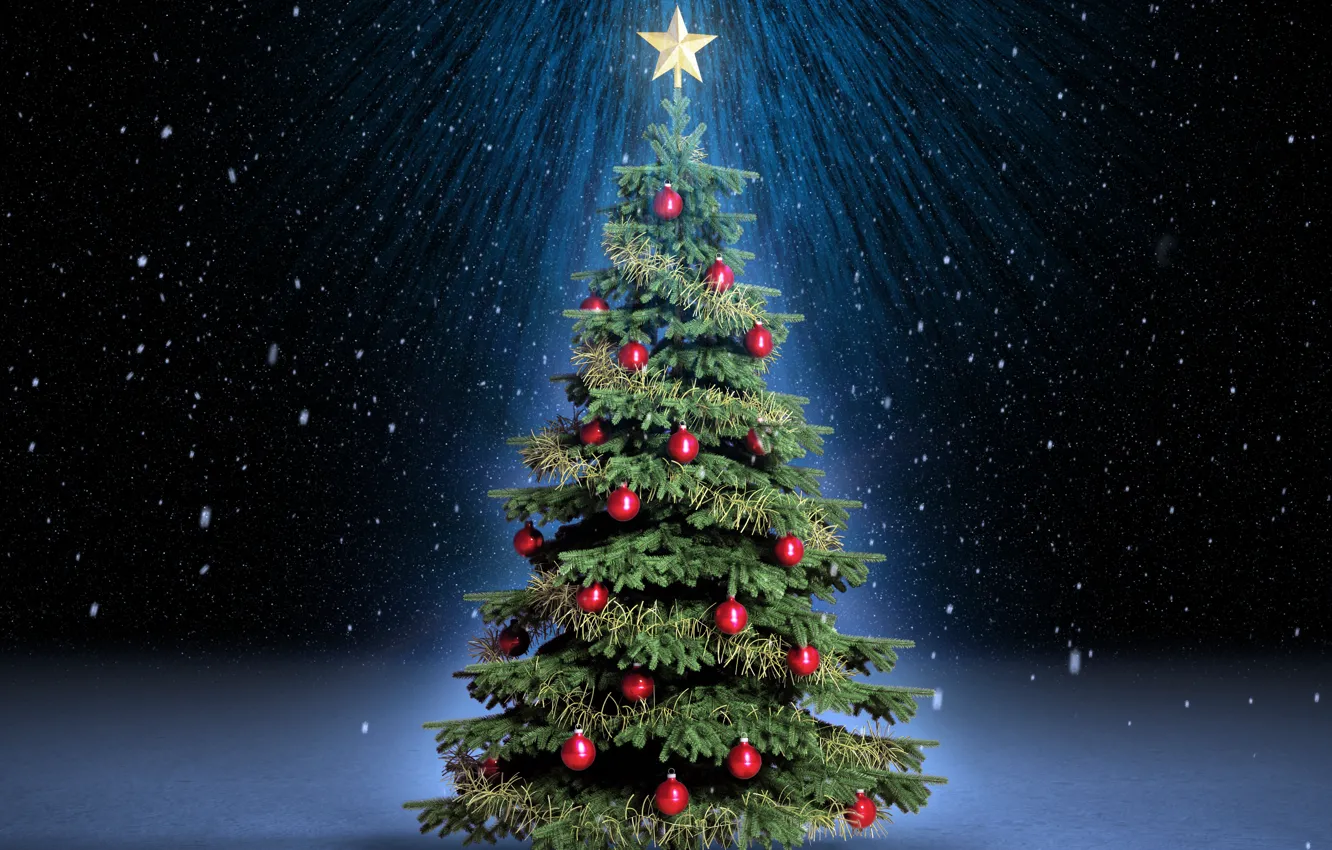 Фото обои лучи, снег, ночь, праздник, шары, волшебство, звезда, елка