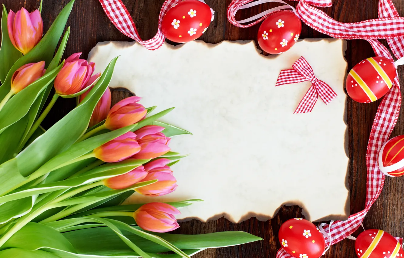 Фото обои пасха, тюльпаны, red, flowers, tulips, eggs, easter, card