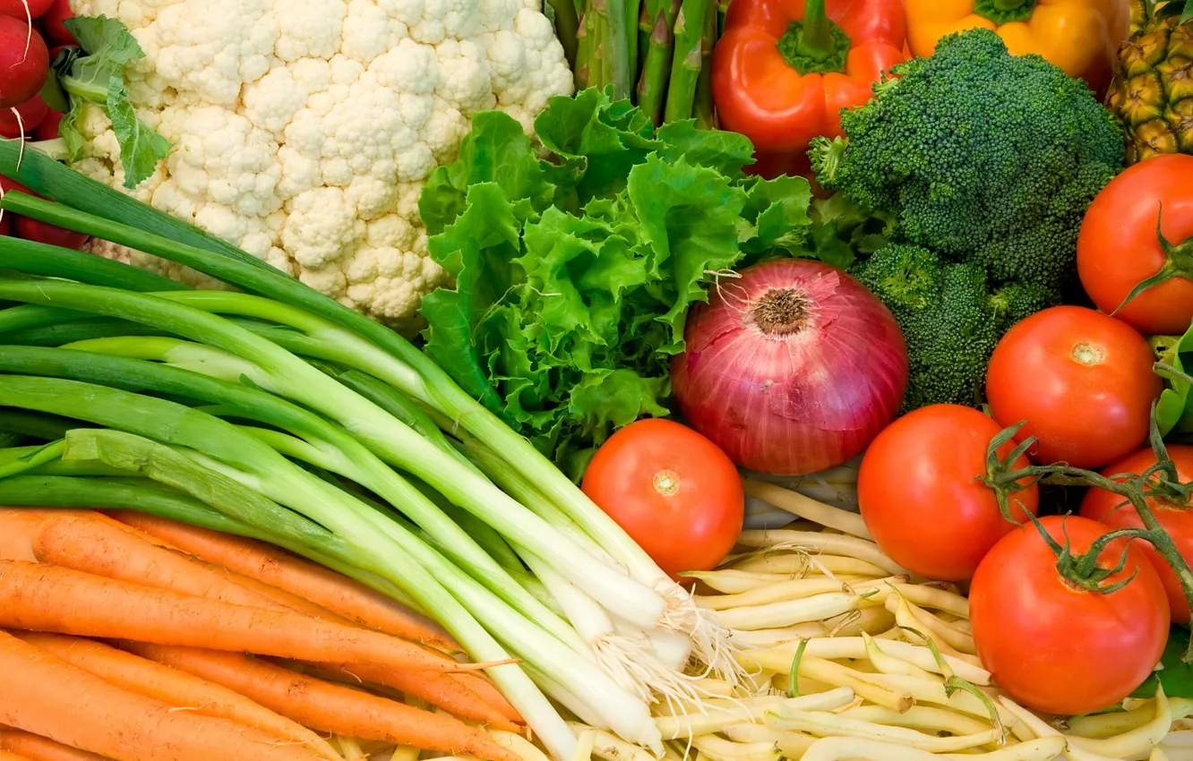 Фото обои еда, лук, перец, овощи, помидоры, морковь, брокколи