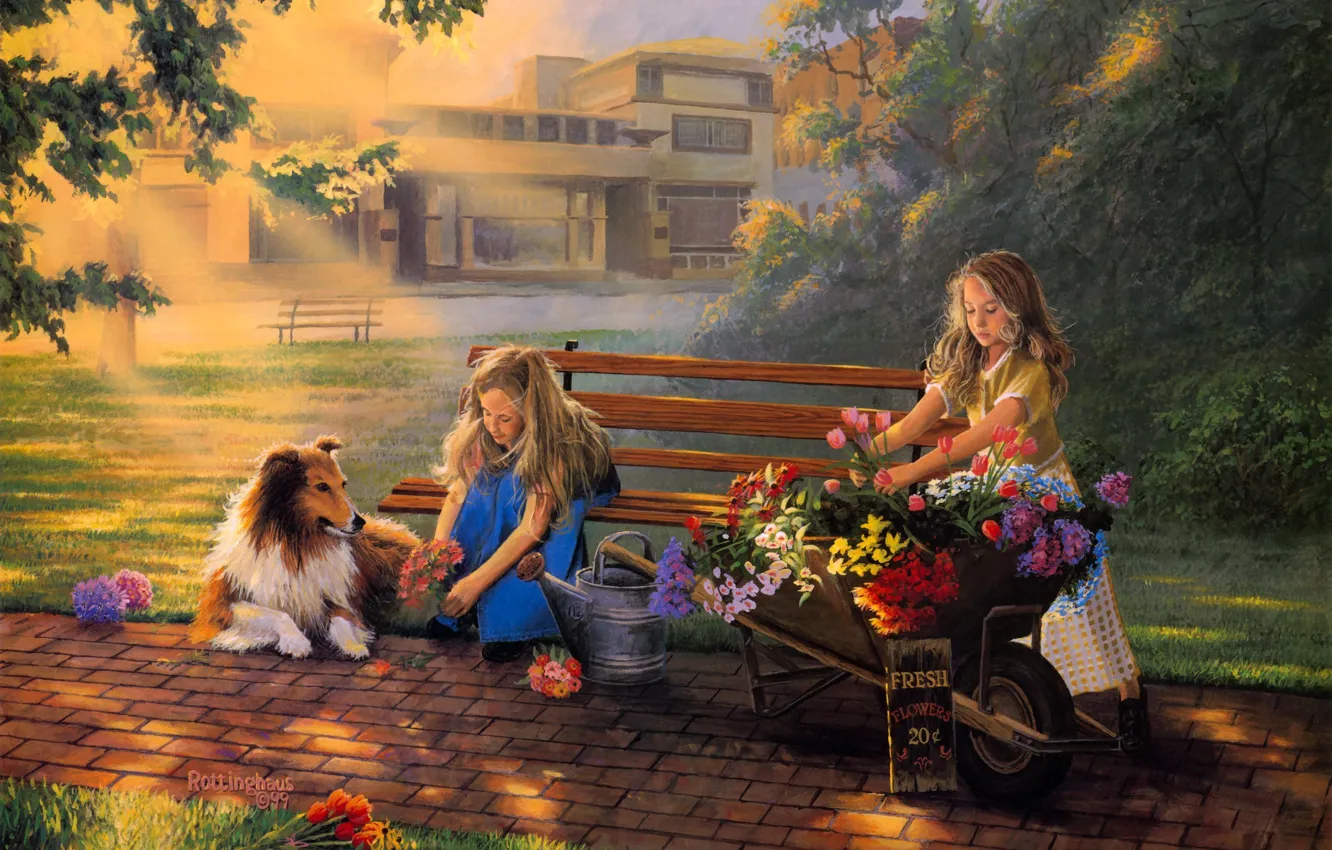 Фото обои girls, dog, flowers, painting, bouquet, Little Bouquets, David Rottinghaus, selling flowers
