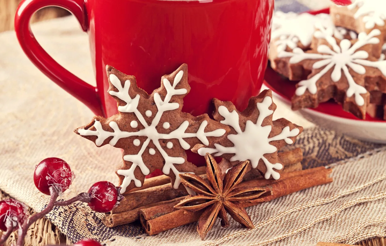 Фото обои снежинки, ягоды, Новый Год, печенье, Рождество, чашка, сладости, красные