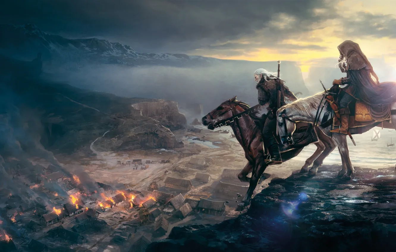 Фото обои город, лошади, всадник, Ведьмак, The Witcher 3: Wild Hunt