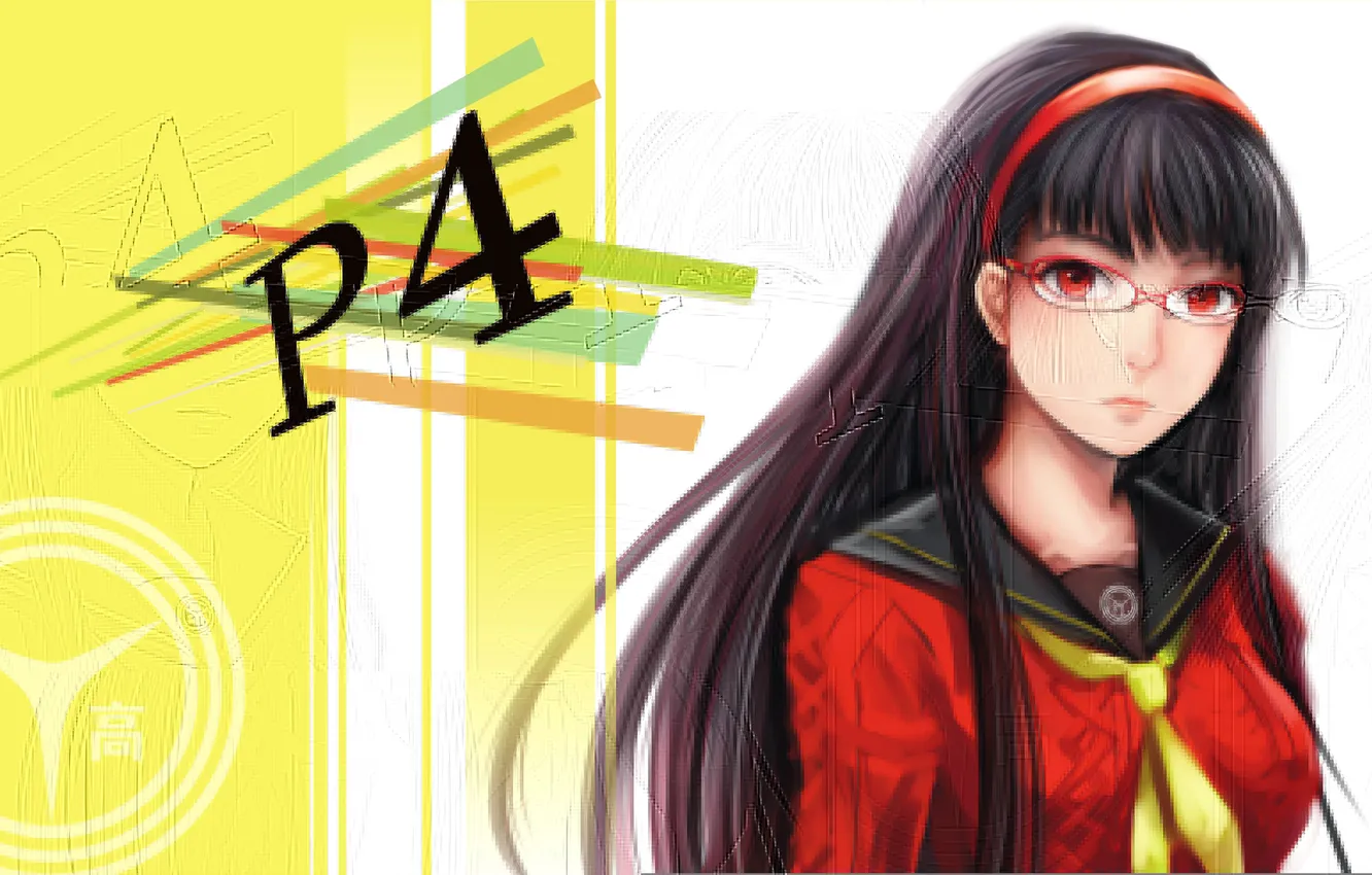 Фото обои взгляд, девушка, очки, школьница, art, persona 4, moekyon, amagi yukiko