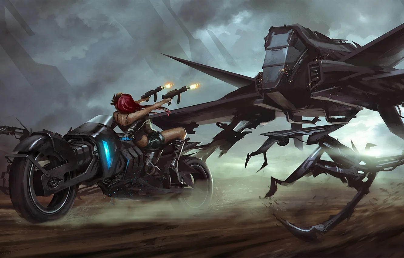 Фото обои девушка, оружие, робот, скорость, арт, мотоцикл, стрельба, битва