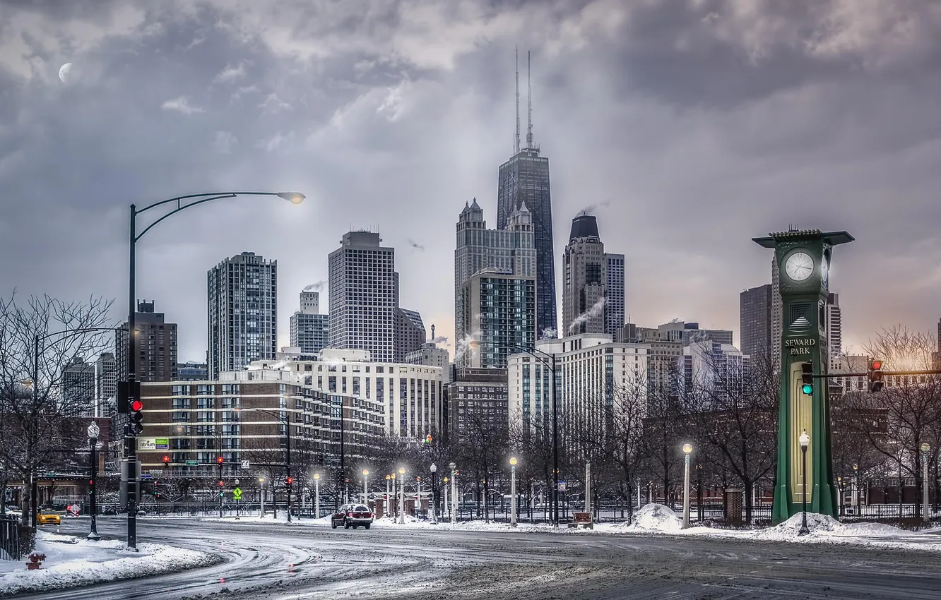 Фото обои город, Зима, Снег, Чикаго, Небоскребы, США, Америка, Chicago