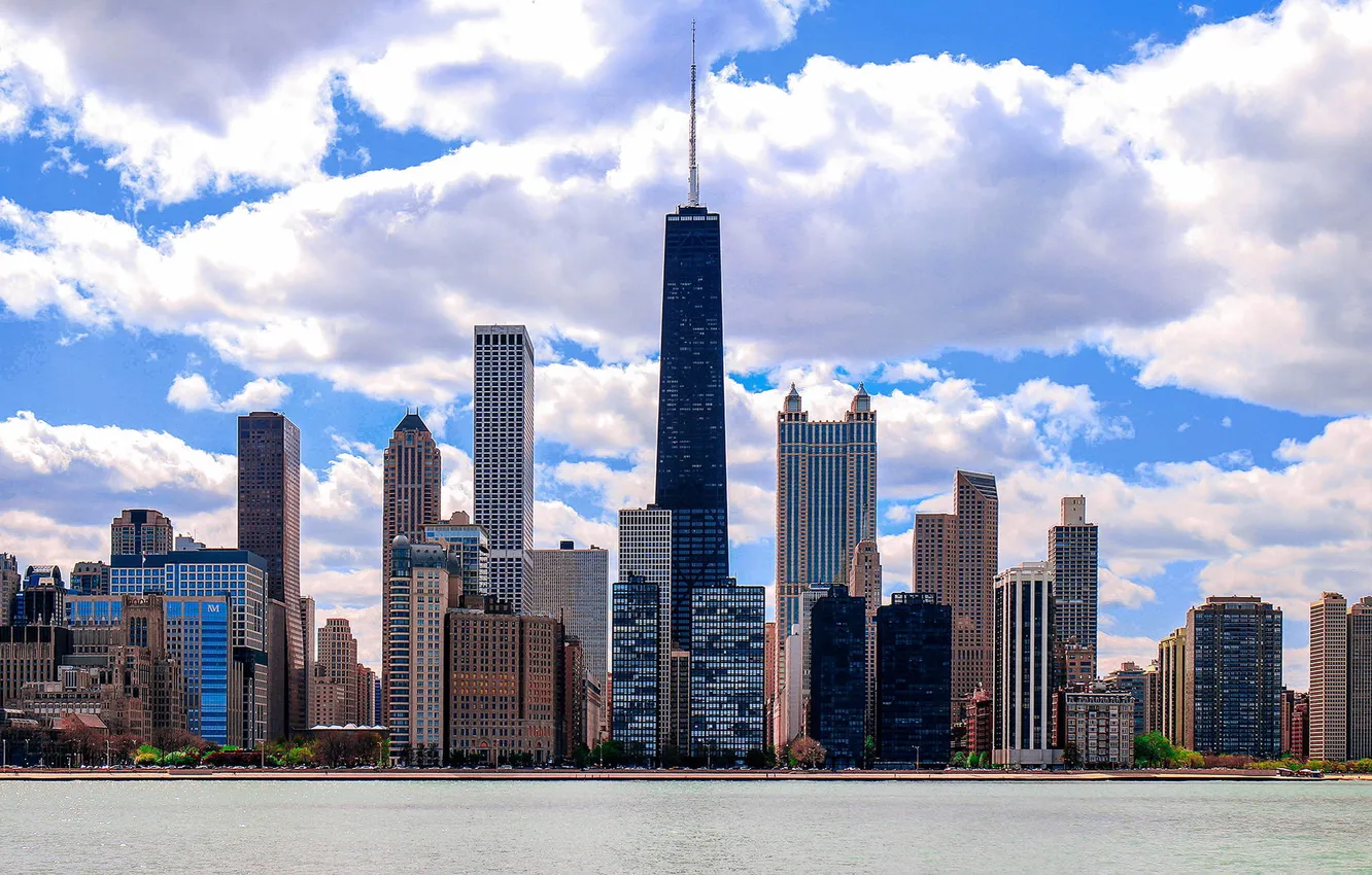 Фото обои облака, здания, дома, небоскребы, Чикаго, USA, Chicago, мегаполис
