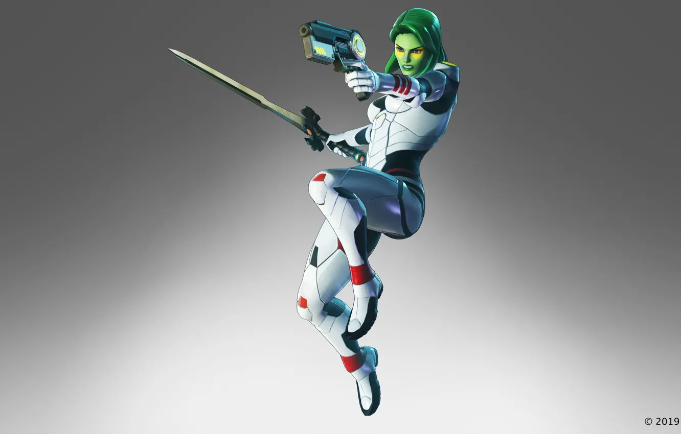 Фото обои девушка, пистолет, оружие, меч, marvel, assassin, Gamora, the black order