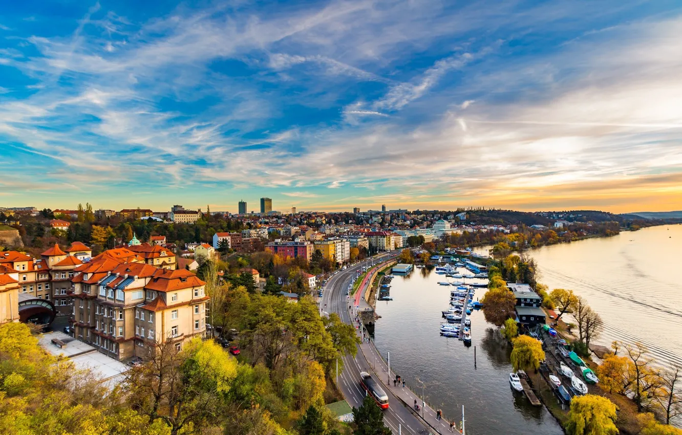 Фото обои город, яхты, Прага, Чехия, панорама, Prague