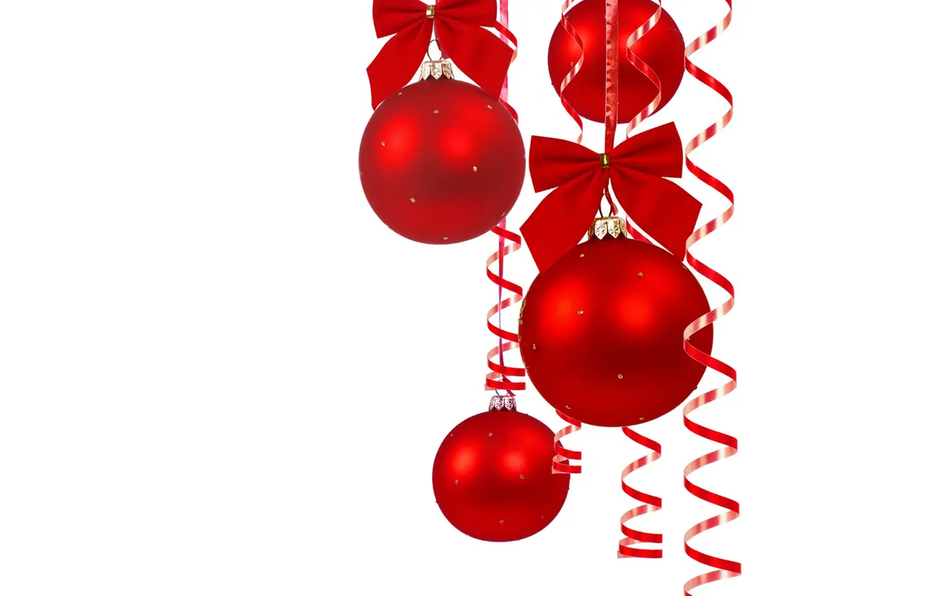 Фото обои шарики, красный, новый год, бантики, мишура, серпантин
