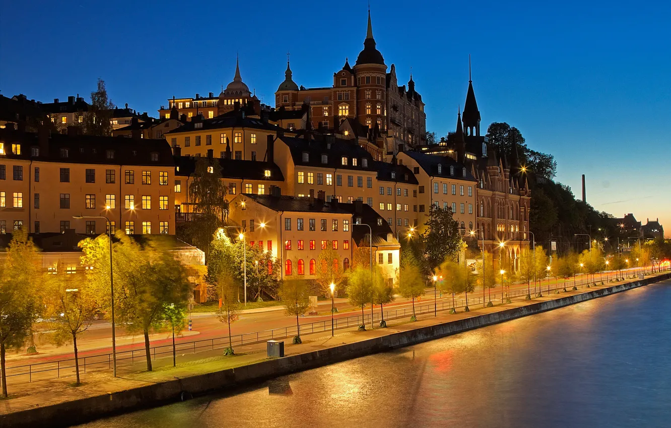 Фото обои ночь, огни, дома, Стокгольм, Швеция, старый город