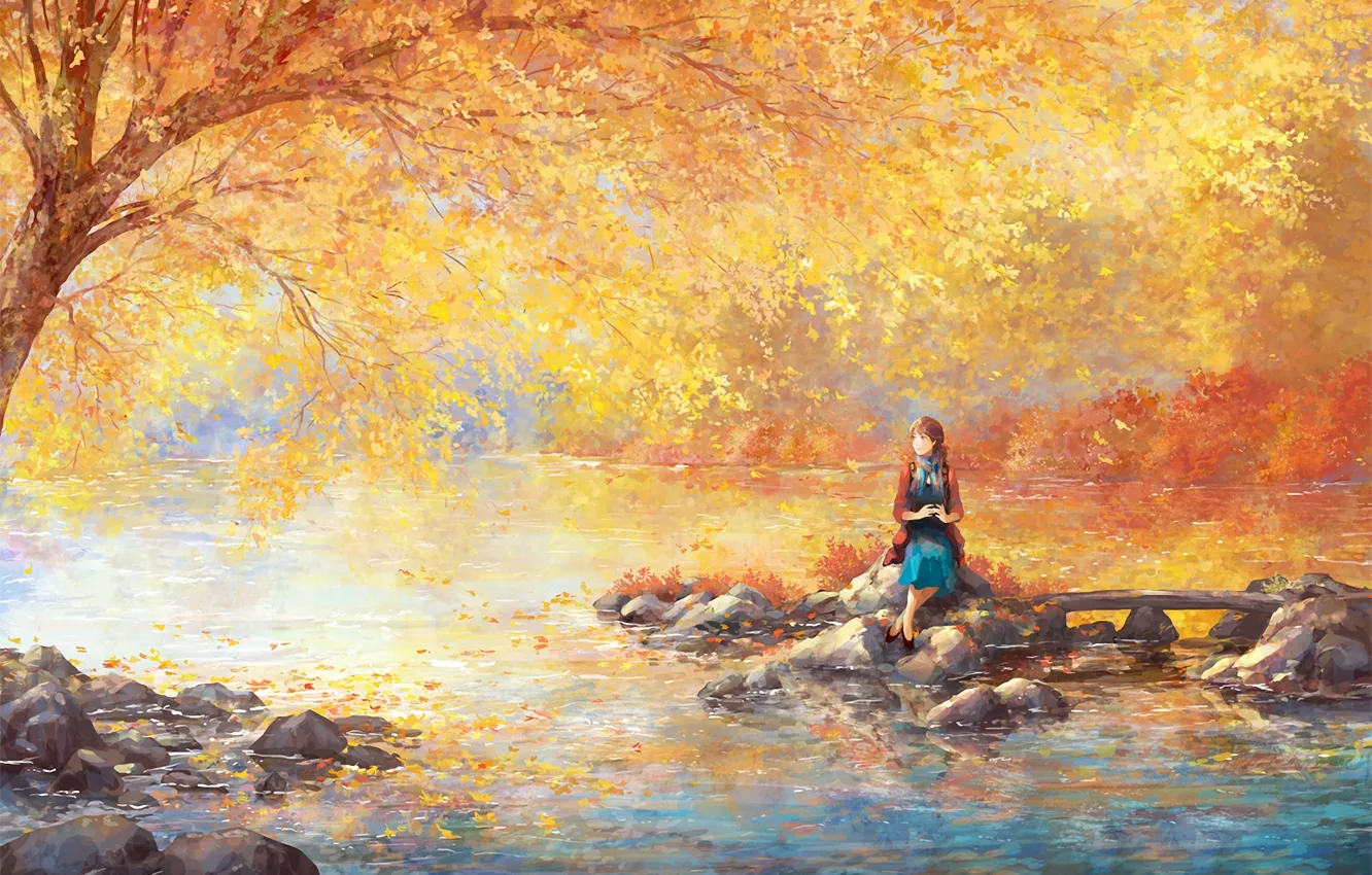Фото обои девушка, река, камни, дерево, листва, сад, арт, нарисованный пейзаж