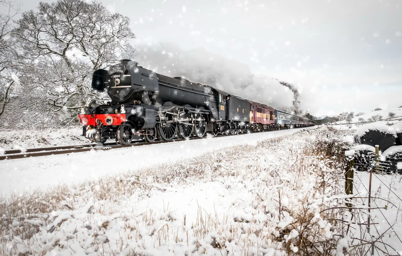 Фото обои зима, дорога, снег, поезд